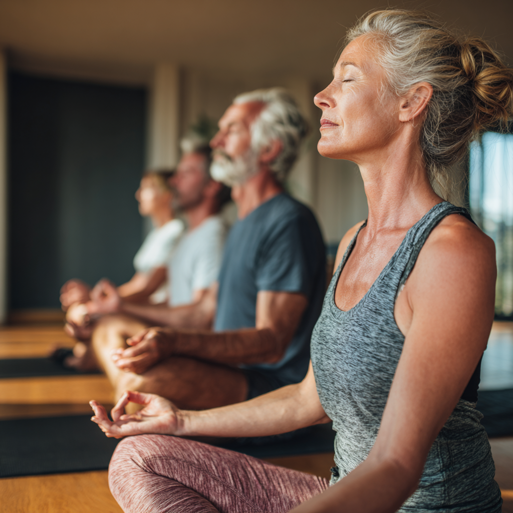 Middle-aged adults practicing gentle yoga poses in natural lighting