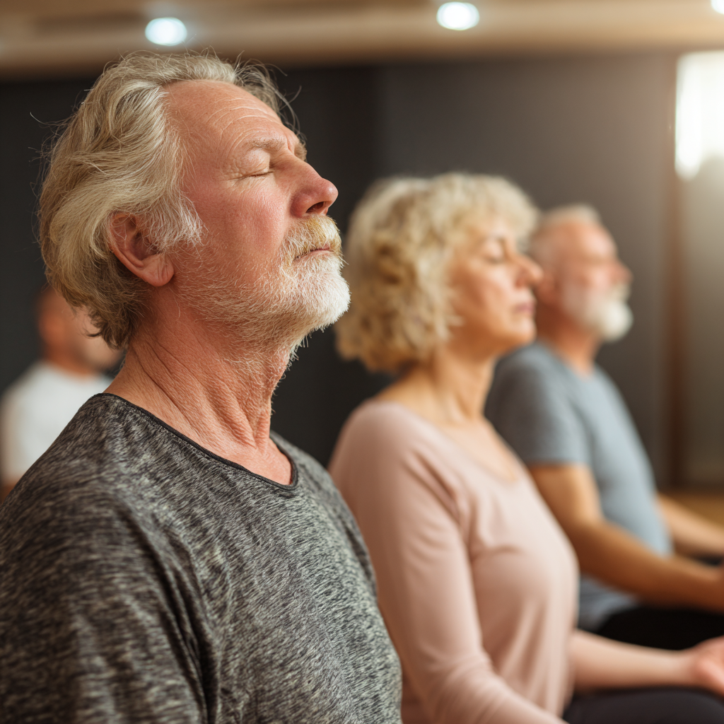 Older adults in meditation position focusing on breathing techniques